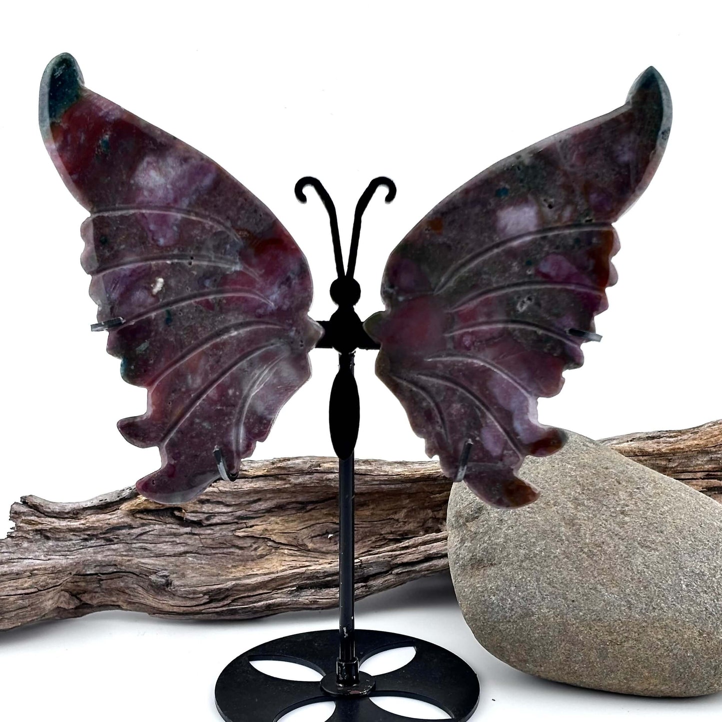 Ocean / Marine Jasper Carved Butterfly 0n Stand - 125 grams / 15 cm Tall