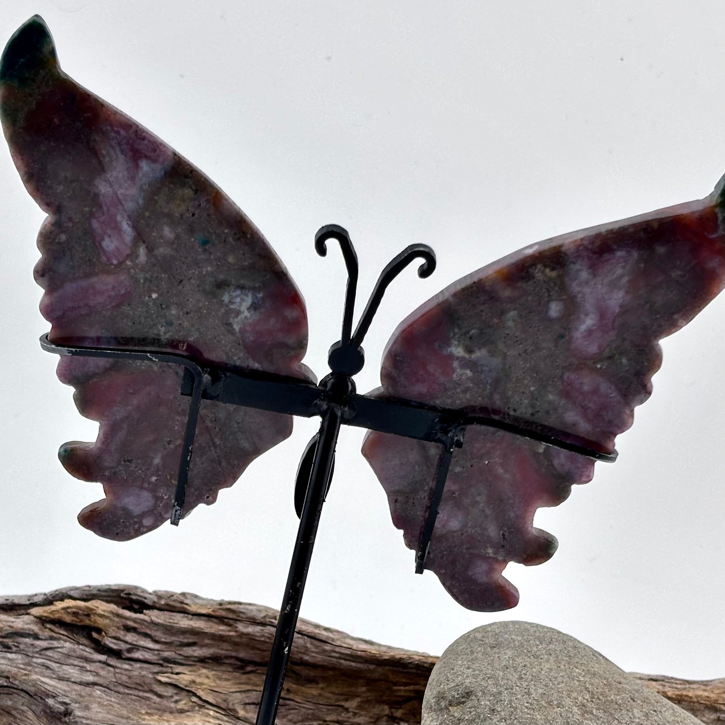 Ocean / Marine Jasper Carved Butterfly 0n Stand - 125 grams / 15 cm Tall