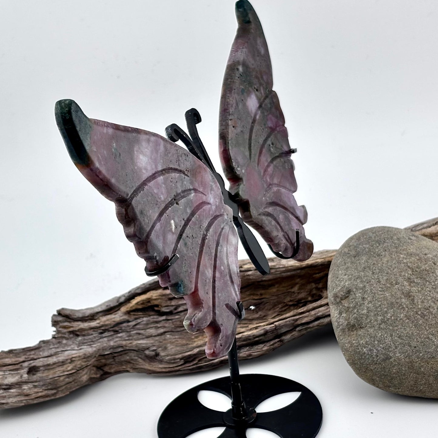 Ocean / Marine Jasper Carved Butterfly 0n Stand - 125 grams / 15 cm Tall