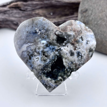 Ocean / Marine Jasper Druzy Heart on Stand - 95 grams / 7 x 6 cm