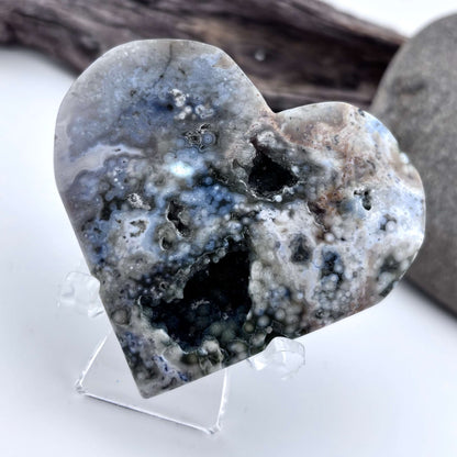 Ocean / Marine Jasper Druzy Heart on Stand - 95 grams / 7 x 6 cm