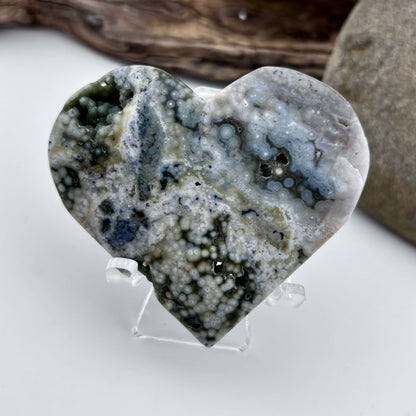Ocean / Marine Jasper Druzy Heart on Stand - 95 grams / 7 x 6 cm