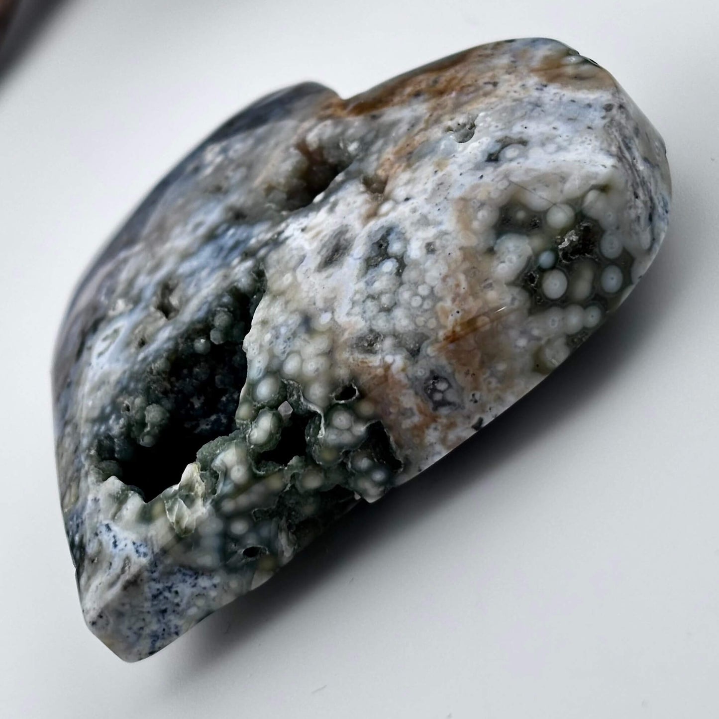 Ocean / Marine Jasper Druzy Heart on Stand - 95 grams / 7 x 6 cm