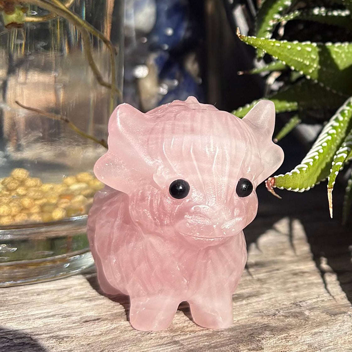 Rose Quartz Carved Highland Plateau Cow - 105 grams / 5 cm