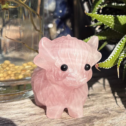 Rose Quartz Carved Highland Plateau Cow - 105 grams / 5 cm