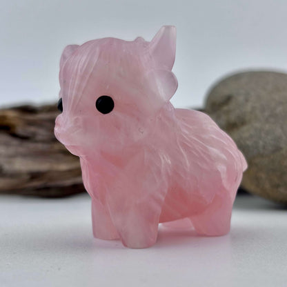 Rose Quartz Carved Highland Plateau Cow - 105 grams / 5 cm
