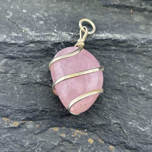 Rose Quartz Wire Wrapped Tumble Stone Pendant