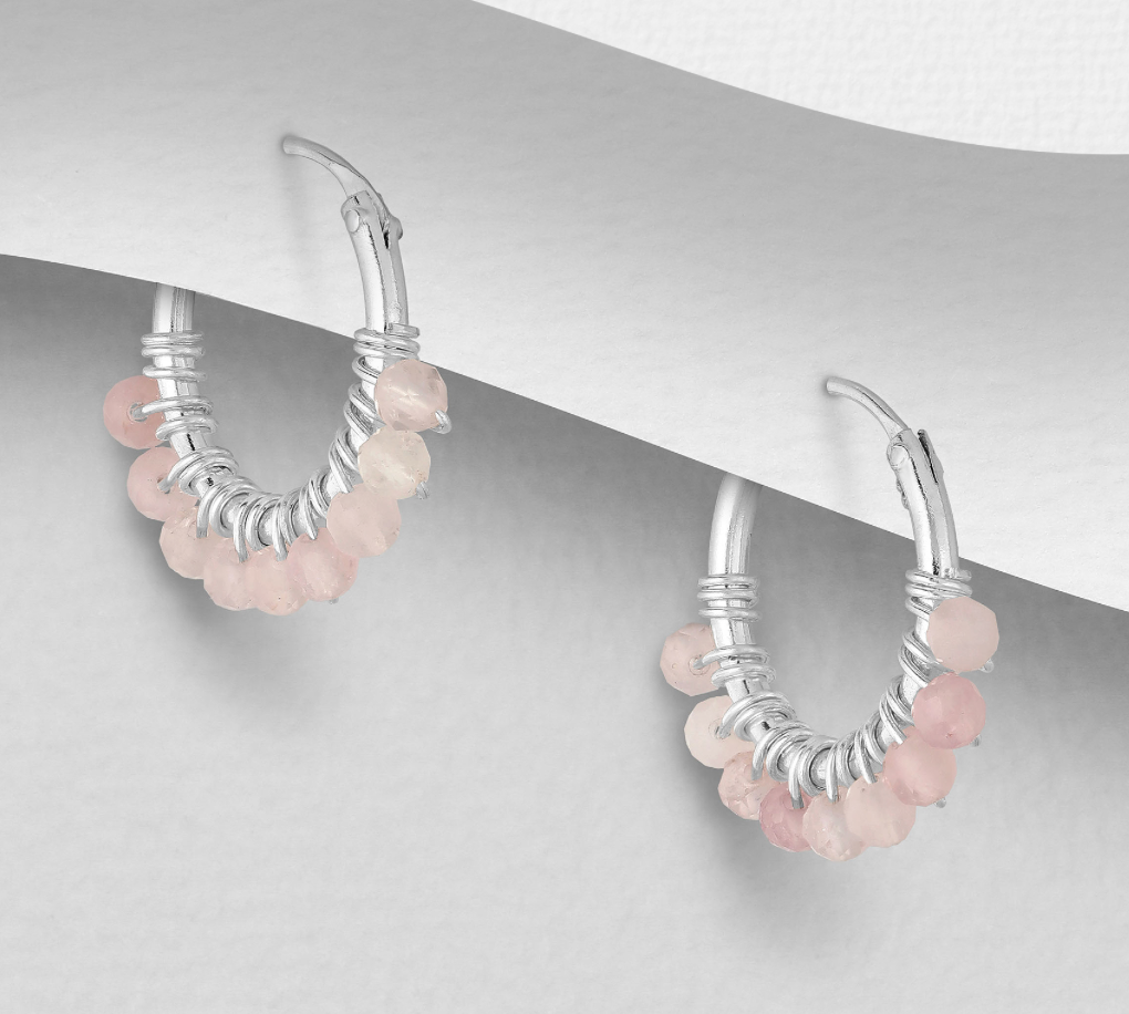 Rose Quartz Beaded Hoop Earrings - Sterling Silver .925 1.5cm