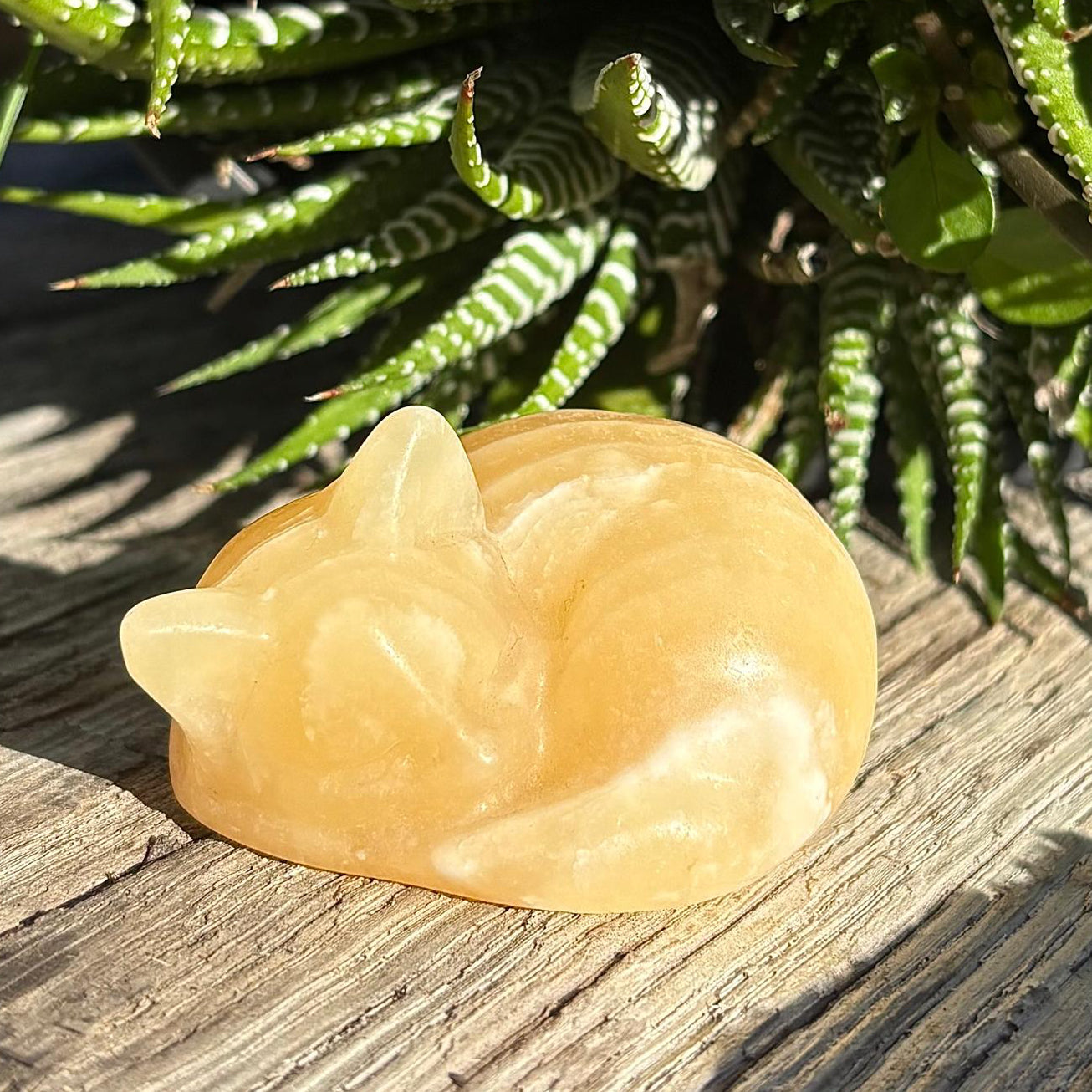 Yellow Calcite Carved Sleeping Cat - 102 grams / 5 cm
