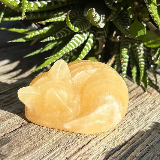 Yellow Calcite Carved Sleeping Cat - 102 grams / 5 cm