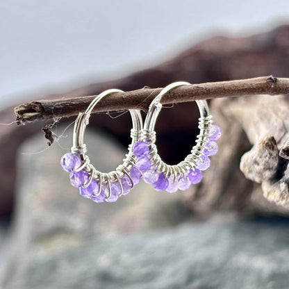 Amethyst Beaded Hoop Earrings - Sterling Silver .925 1.5cm