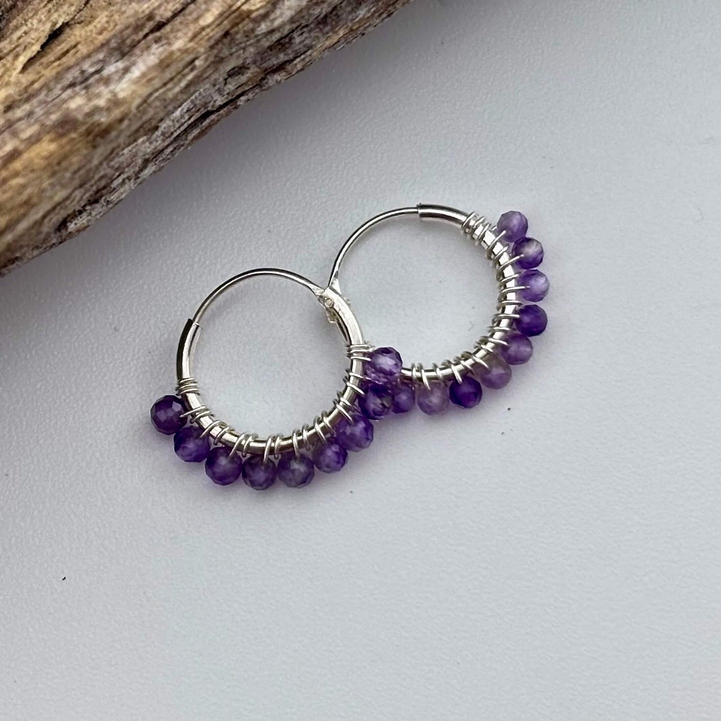 Amethyst Beaded Hoop Earrings - Sterling Silver .925 1.5cm