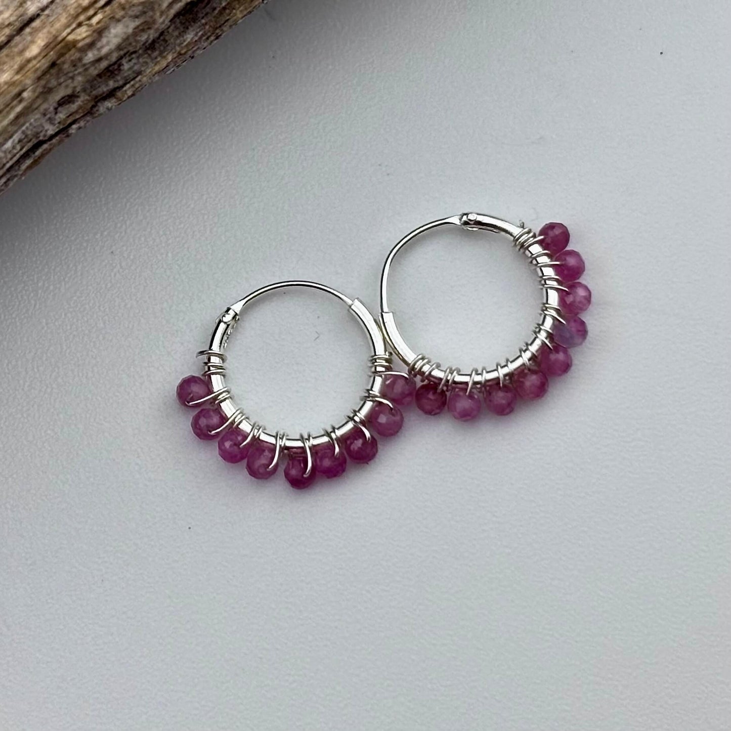 Ruby Beaded Hoop Earrings - Sterling Silver .925 1.5cm