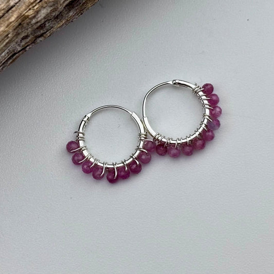 Ruby Beaded Hoop Earrings - Sterling Silver .925 1.5cm