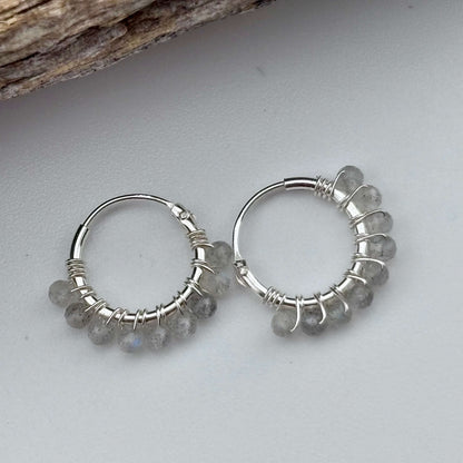 Labradorite Beaded Hoop Earrings - Sterling Silver .925 1.5cm