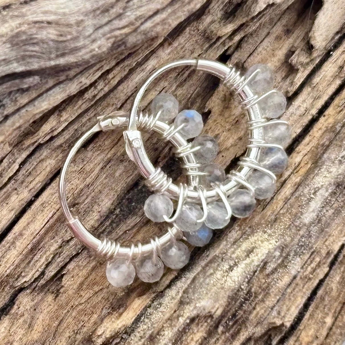 Labradorite Beaded Hoop Earrings - Sterling Silver .925 1.5cm