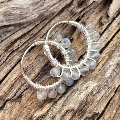 Labradorite Beaded Hoop Earrings - Sterling Silver .925 1.5cm