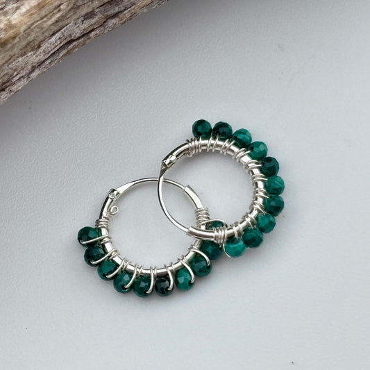 Malachite Beaded Hoop Earrings - Sterling Silver .925 1.5cm