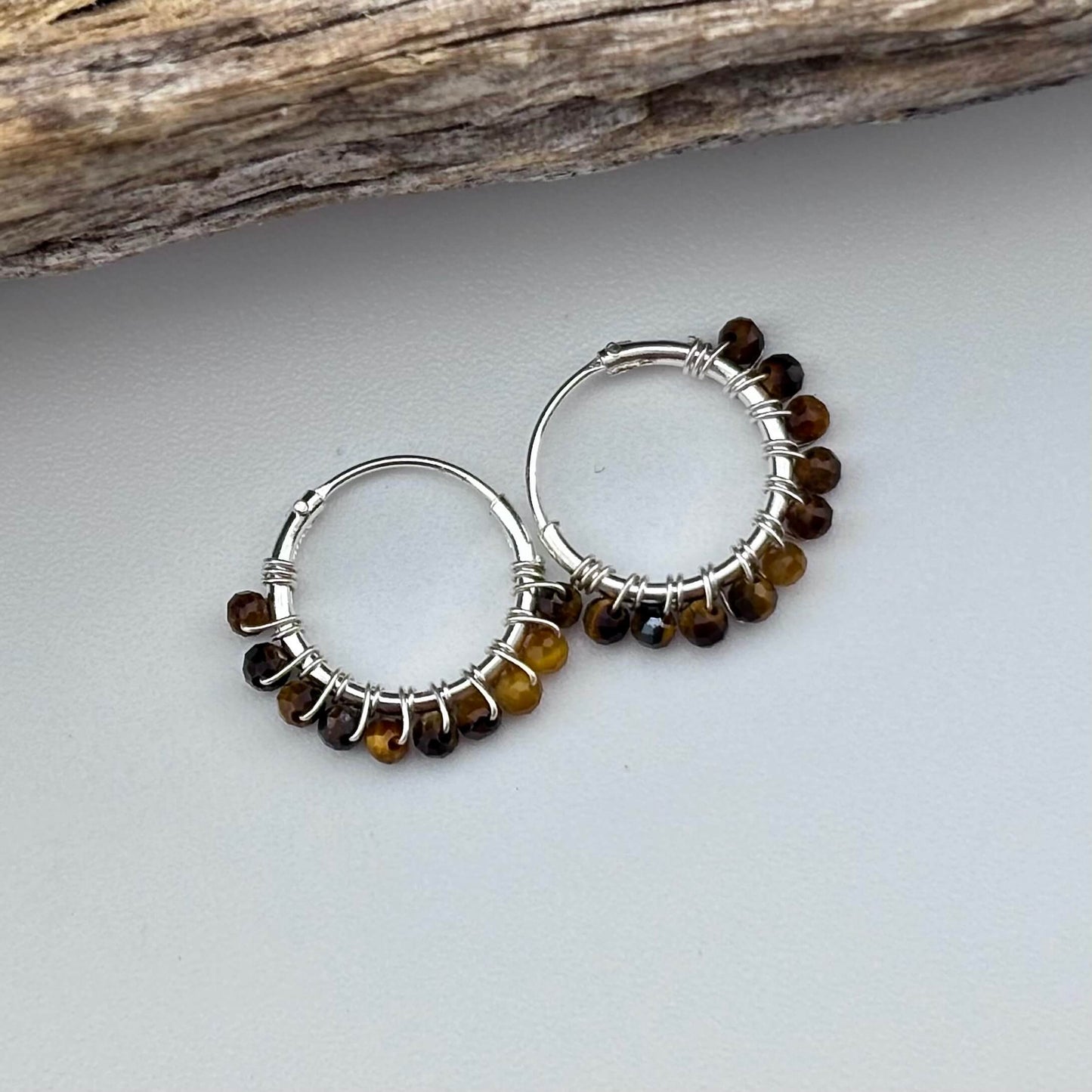 Tigers Eye Beaded Hoop Earrings - Sterling Silver .925 1.5cm