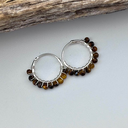 Tigers Eye Beaded Hoop Earrings - Sterling Silver .925 1.5cm