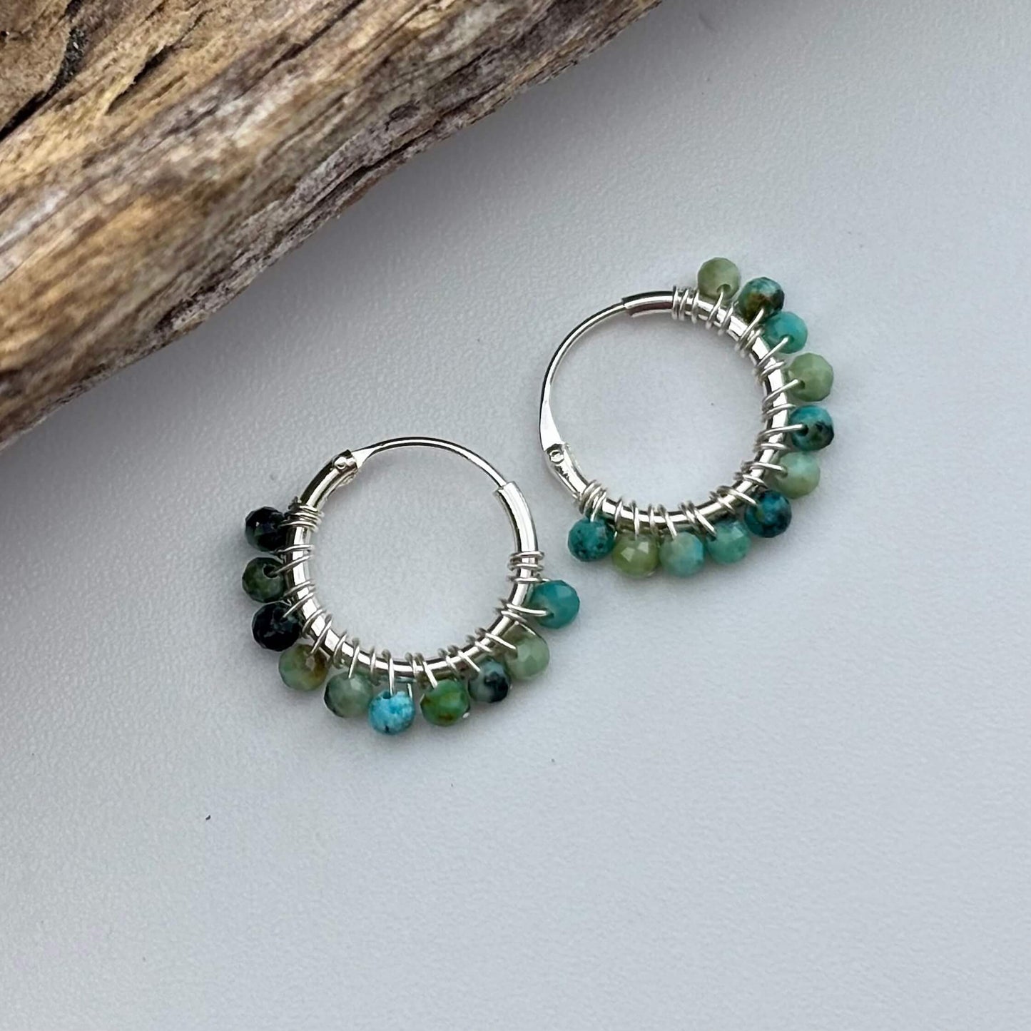 Turquoise Beaded Hoop Earrings - Sterling Silver .925 1.5cm