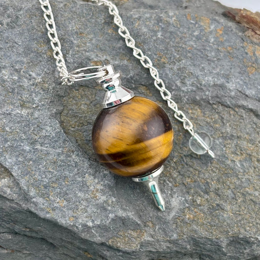 Tigers Eye Sphere Pendulum - Reiki / Healing w gift pouch