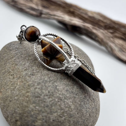 Tigers Eye Terminator & Merkaba Pendulum - Reiki / Healing w gift pouch