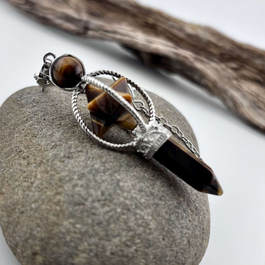 Tigers Eye Terminator & Merkaba Pendulum - Reiki / Healing w gift pouch