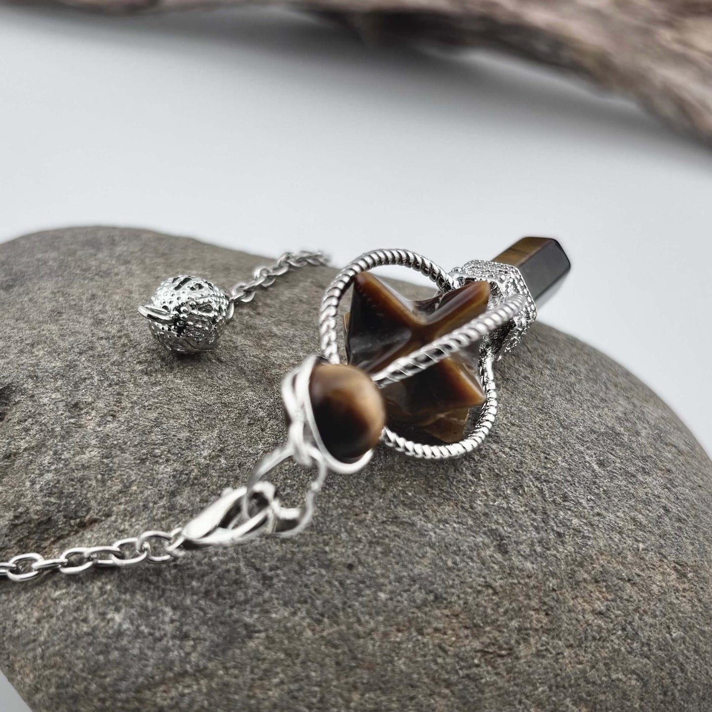 Tigers Eye Terminator & Merkaba Pendulum - Reiki / Healing w gift pouch
