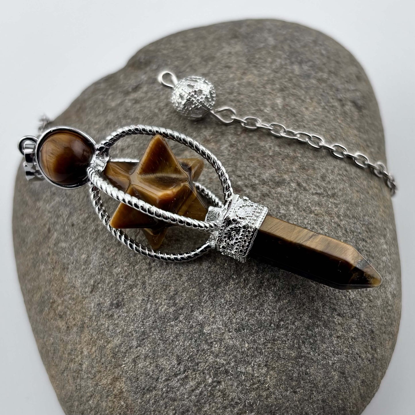 Tigers Eye Terminator & Merkaba Pendulum - Reiki / Healing w gift pouch
