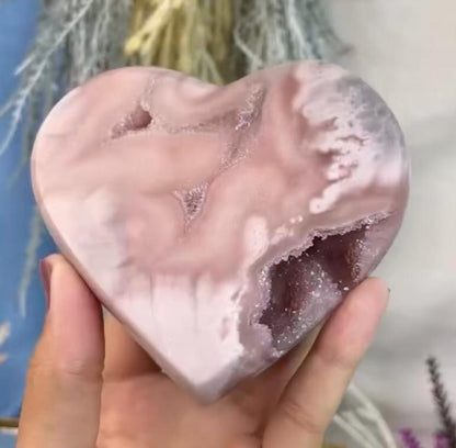 BIG Brazilian Pink Amethyst Milky Banded Druzy Heart - 472 grams