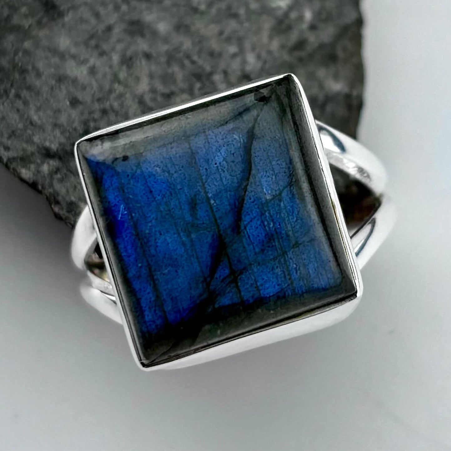 Blue Fire Labradorite Square set Ring Sz 8