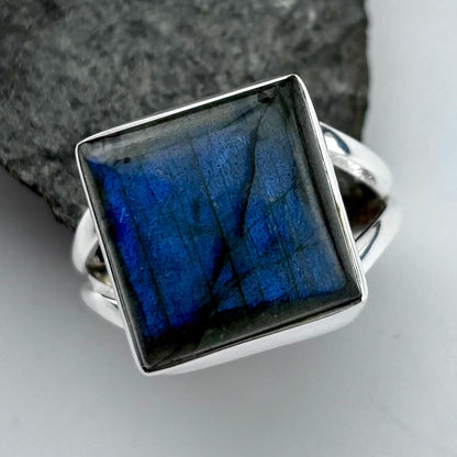 Blue Fire Labradorite Square set Ring Sz 8