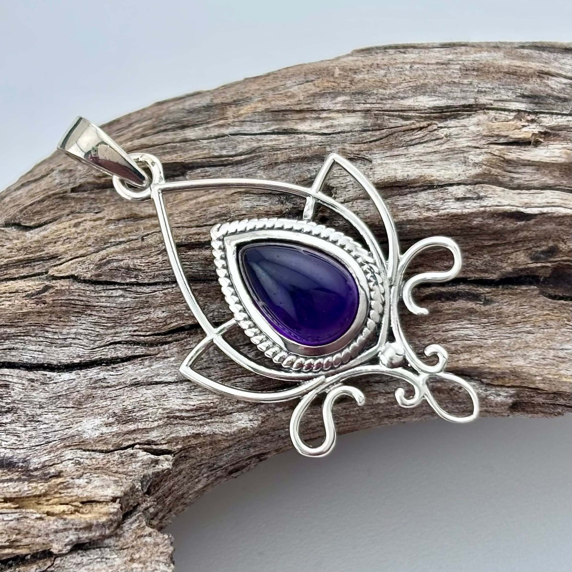 Amethyst Lotus Flower Sterling Silver .925 Pendant