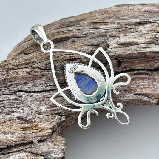 Moonstone Lotus Flower Sterling Silver .925 Pendant  Back