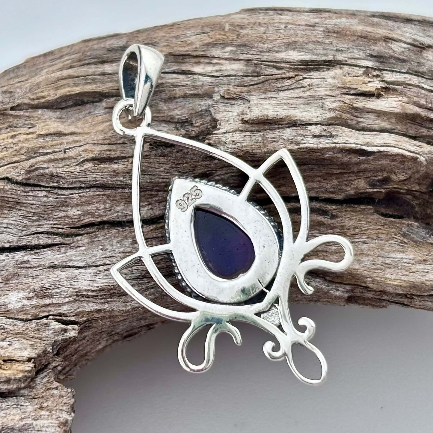 Amethyst Lotus Flower Sterling Silver .925 Pendant Back