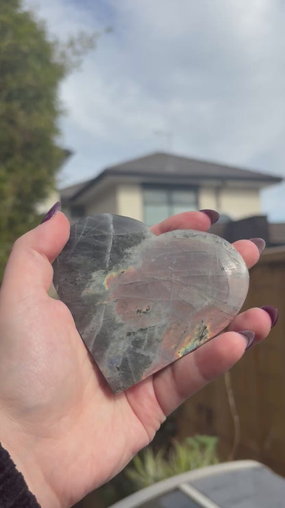 Labradorite Carved Heart  w black stand - 200 grams