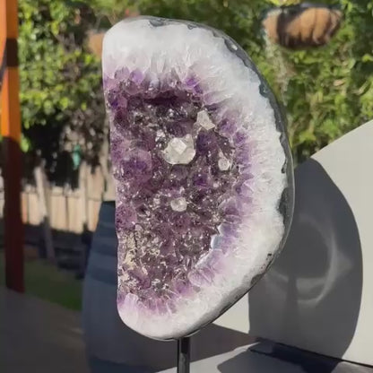 Huge Brazilian Amethyst 1/2 Moon Form w Calcite formations - 4.3 kgs / 9.5  lbs - Unique Statement Piece