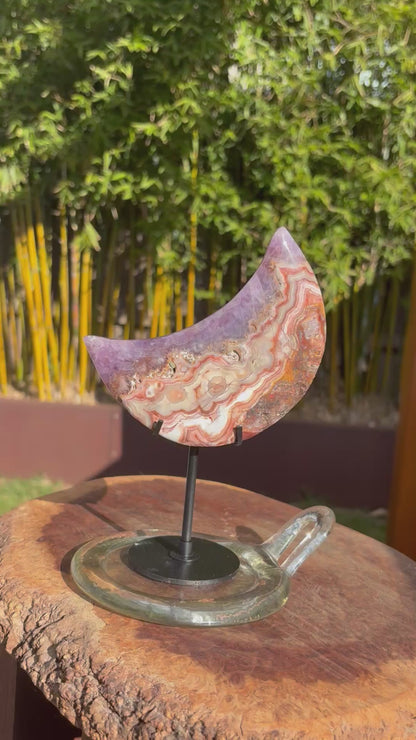 Unique Crazy Lace Agate & Amethyst Moon on Stand - 280 grams