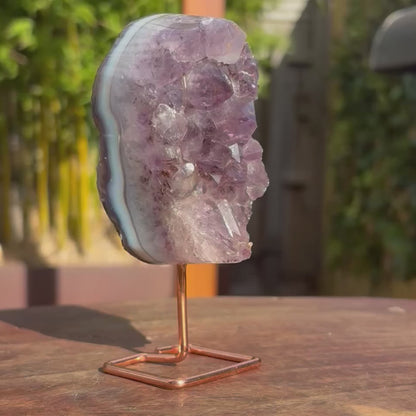 Unique Brazilian Amethyst w Agate Freeform Display Pc on stand - 265 grams